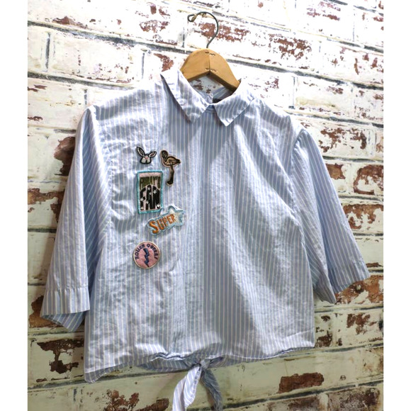 Zara Pinstripe Button Down Backwards Collared Patches Blouse - Picture 2 of 6